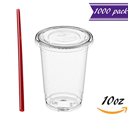 (1000 Sets) 10 oz Clear Plastic Cups with Lids and FREE Straws, Disposable Crystal Clear PET Cups with Flat Straw Slot Lids for Cold Drinks, To Go Iced Coffee, Juice, Soda, Bubble Boba Tea, Smoothie