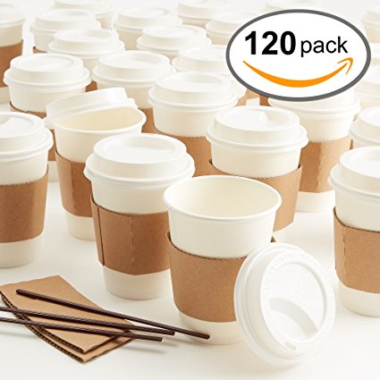 Maison Maison Hot Coffee Paper Cups With Lids - 120 MEGA Pack includes 12 Oz Disposable Cups, Snap Tight Leakproof Lids, Sleeves & Stirrers, Perfect for your Morning Coffee, Coffee Bar & Office!