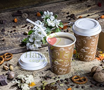 [1000 SETS] Single Wall Disposable Hot Paper Cups with White Lids - Elegant Brown Graphic for Hot...