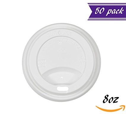 (50 Count) 8 oz Dome Lids, White Plastic Dome Lids, Fit Most 8-Ounce Hot Cups, Disposable Travel Lids for Coffee Cups by Tezzorio