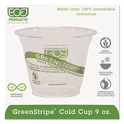 Compostable Corn Clear Plastic Cups, 9 Oz, Clear/Green Stripe, 50/Bags, 1000/CT