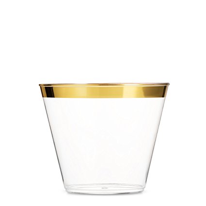 100 Gold Plastic Cups ~ 9 Oz Clear Plastic Cups Old Fashioned Tumblers ~ Gold Rimmed Cups Fancy Disposable Wedding Cups ~ Elegant Party Cups with Gold Rim