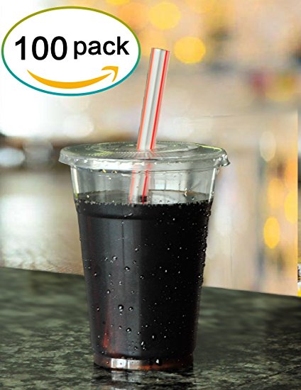 Gotopack 16oz - sets of 100 - Beverage Crystal Clear PET Plastic Cups with Flat Lids & Straws Eco Friendly Smoothie Cups