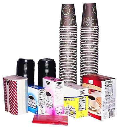 Coffee Club Pack - Everything You Need for 100 Cups of Coffee (except the coffee)! 100 - 12 oz. cups with lids, stir-sticks, creamer, sugar, saccharin and aspartame or sucralose packets. Plus Bonus!