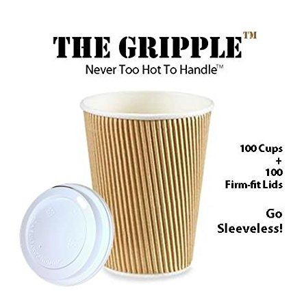 The Gripple™ 100/PK RIPPLE COFFEE CUPS & LIDS Disposable Insulated GRPL12OZPK100CL- GREAT LOOK - FIRM-FIT LIDS - NO LEAKS - GO SLEEVELESS - GRIP EASY - ECO-FRIENDLY - EVENTS HOLIDAYS