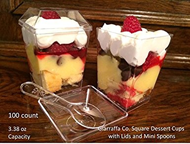 Giarraffa Co. Square Dessert Cups with Lids and Mini Tasting Spoons Included 100 Count 3.38 Oz.use for Dessert Parfaits,cake Shooters and Take Out Dessert Containers.