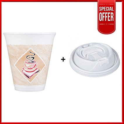 Dart 12x16G, 12 Oz. Espresso Foam Cup and White Plastic Cup Lid With Reclosable Tab, Customizable Disposable Hot and Cold Drink Tea Coffee Cups (100)