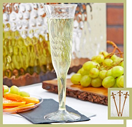 80 Count Disposable Champagne Glass 5 oz Plastic Clear 1-Piece Flute w/ FDL Party Picks