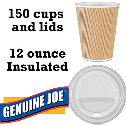 Value Pack of Genuine Joe GJO11260 Insulated Ripple Hot Cup WITH lid GJO11259PK, 12-Ounce Capacity (Box of 150 cups and lids)