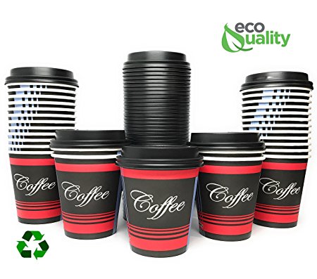 EcoQuality Durable Disposable Paper Cups & Dome Lids For Hot/Cold Drink, Coffee, Tea, Cocoa, Travel - Small 10 Ounce Cups, 500 Count Cups & Black Lids