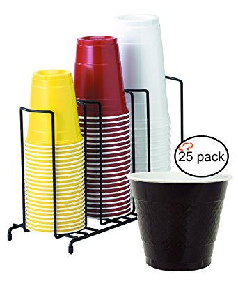 TigerChef TC-20403 3-Section Cup and Lid Organizer Wire Rack with 25 Black Disposable 9 Oz Plastic Party Cups and Breakroom Organizer Countertop Cup Dispenser