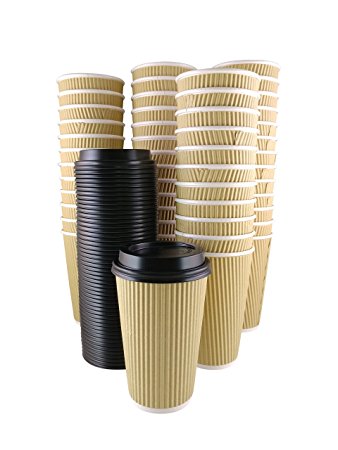 Set of 50 Ripple Insulated Kraft 16oz Paper Cups with 50 Black Lids for Hot Drinks-Tea & Coffee (Cups...