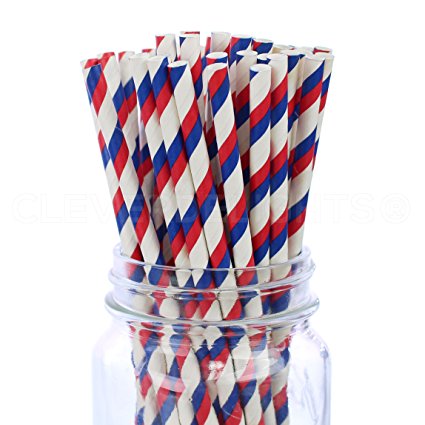 CleverDelights Red and Blue Stripe Straws -- 100 Straws -- Biodegradable Paper Straws