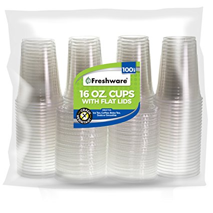 Freshware Plastic Cups with Lids CLEAR PET [100 pack] (16 oz)