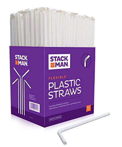 Stack Man Plastic Flexible Straws Individually Wrapped 7 3/4 Inches, 400 Straws, White