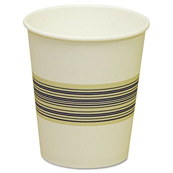 Boardwalk BWK 10SQHOTCUP 10 oz Squat Paper Hot Cup White With Blue And Yellow Midband Color