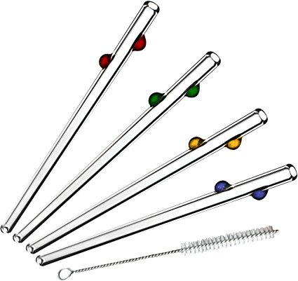 Glass Dharma Decorative Dots 5 Piece Multicolored Glass Drinking Straw Set with Brush, 14mm x 9 Inch