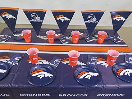 Denver Broncos 50 pieces Party set, Tablecloth,16 plate, 16 napkins, large plastic 16 cups, and streaming pennants.